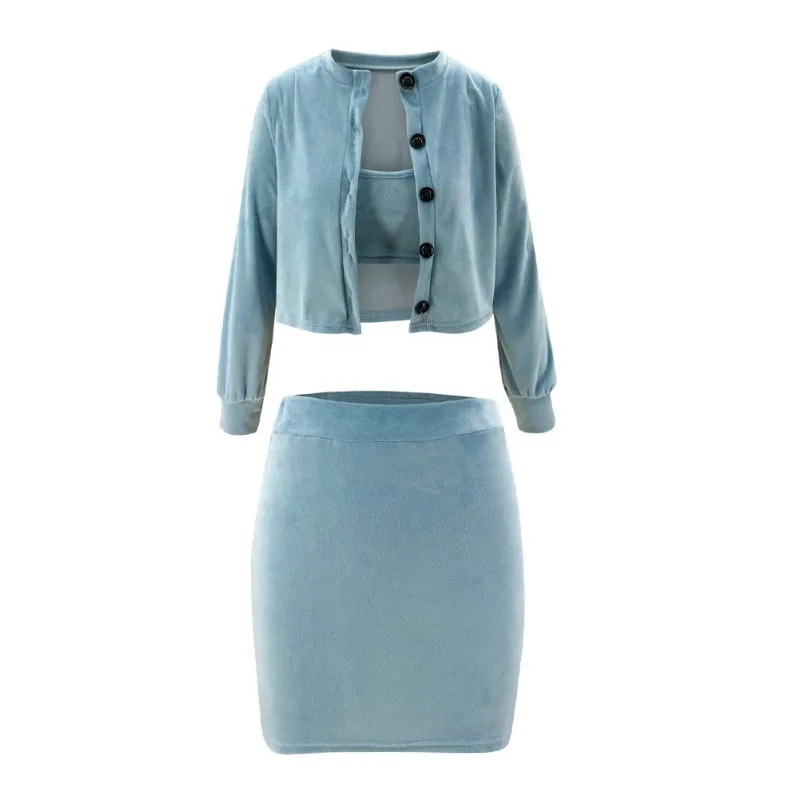 

Autumn Women Sexy Slim Slim Waist Strap Top Cardigan Jacket Mini Skirt 3pcs Suit New