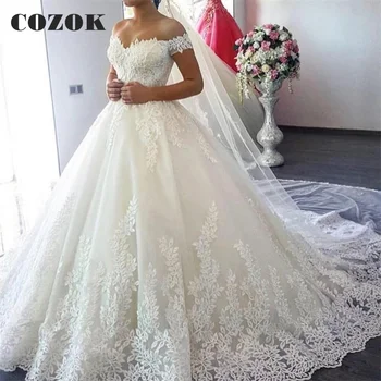 Ball Gown Puffy Cap Sleeve Tulle Lace Appliques Long Formal Wedding Dress Fashion Bridal Gowns CZ01