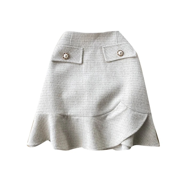 

High waist, thin and retro tweed, slim and short skirt with ruffle and A-line skirt