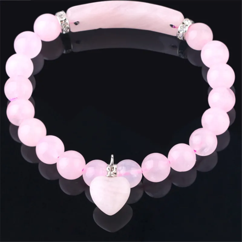 

Женский браслет с кристаллами AAA, браслет из натурального камня с розовыми кристаллами, браслеты-обручи с сердечками и кварцевыми бусинами ...