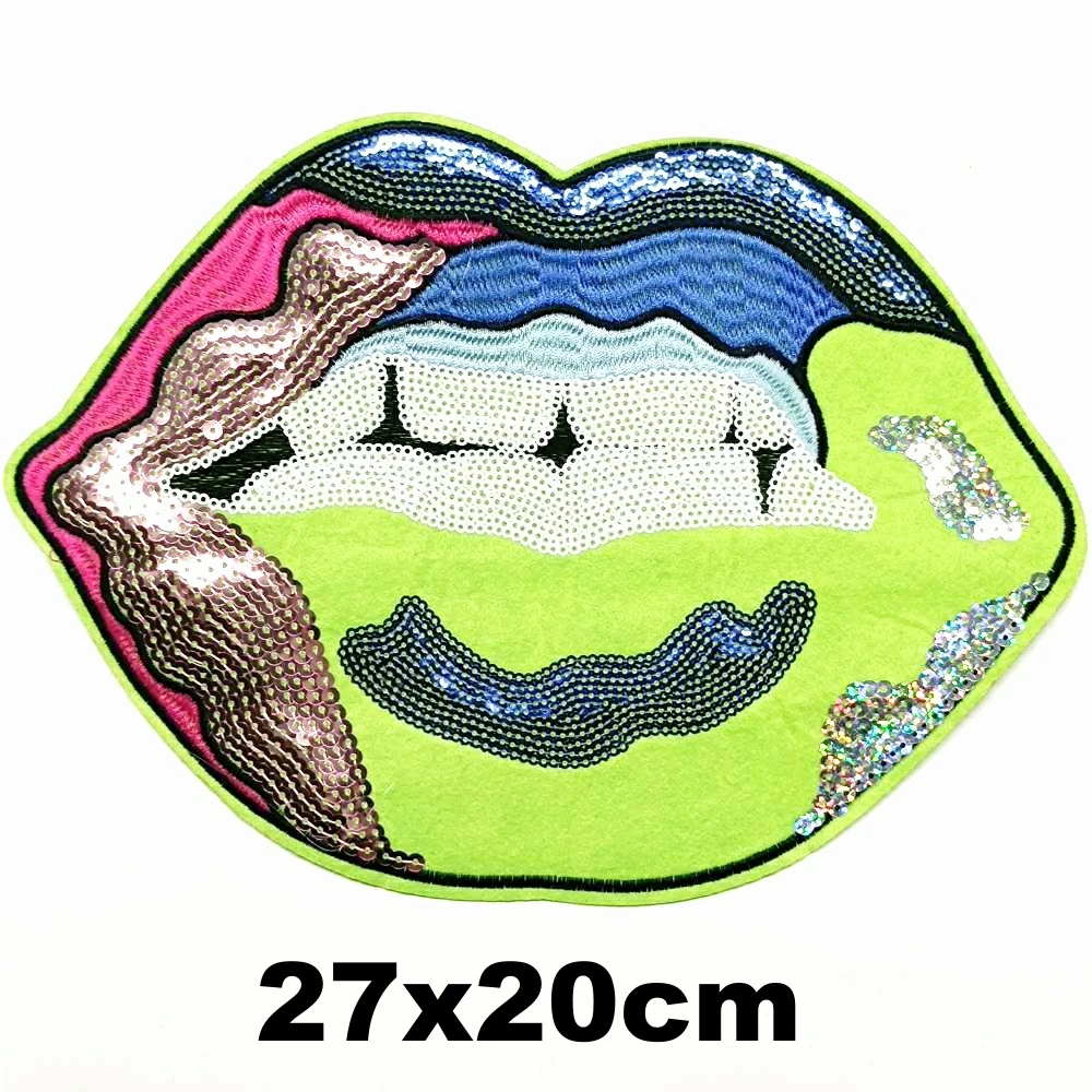 

Design iron-on large embroidery big lip mouth cartoon patches for clothing HE-3373