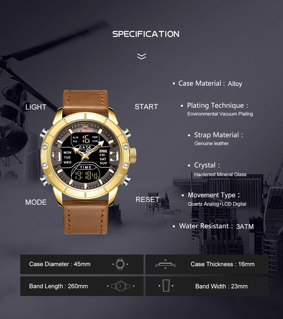Часы naviforce Модные кварцевые мужские часы кожаные водонепроницаемые военные мужские s часы аналогово-Цифровые мужские часы Relogio Masculino