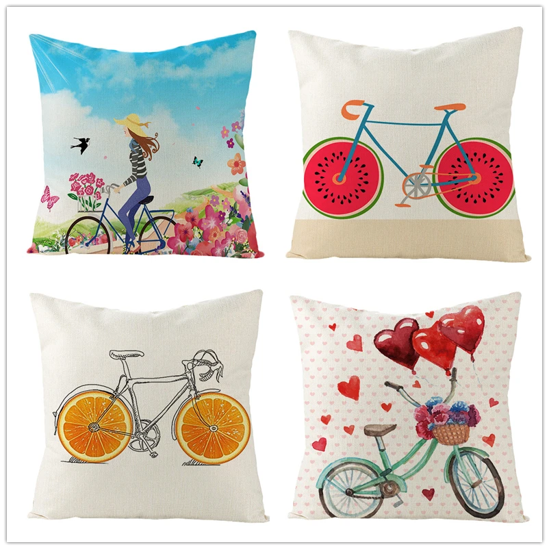 2021 Home Decor Bike Bicycle Cushion Cover Polyester Linen Living Room Sofa Car Seat Nordic Farmhouse Throw Pillow Cases 45x45cm