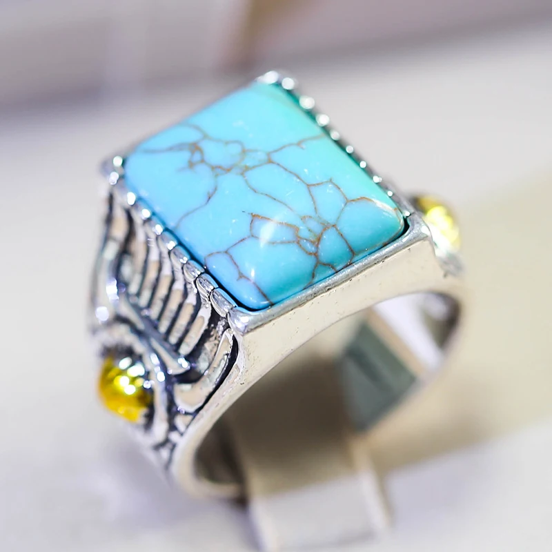 

Bohemian Natural Blue Stone Rings For Women Vintage Ethnic Engraving Pattern Female Finger Ring Men Party Gifts