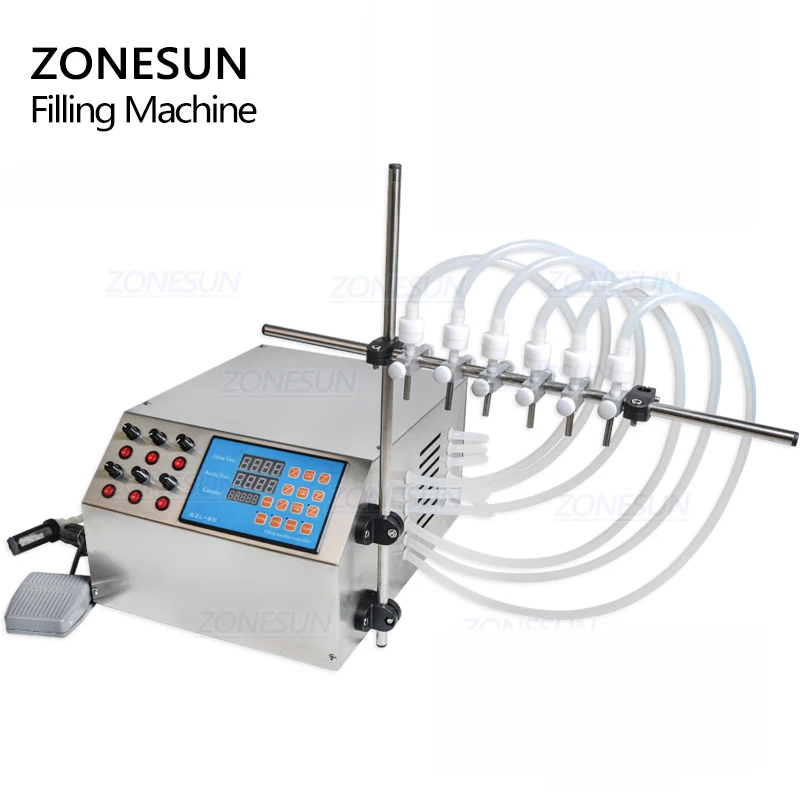 

ZONESUN 6 Heads Liquid Pack Filling Machine Semi-Automatic Milk Fruit Juice Bottle Vial Quantitative Filler For Beverage