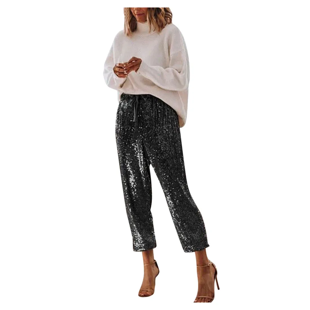 Женские брюки с высокой талией и блестками сексуальный стиль лента для ног