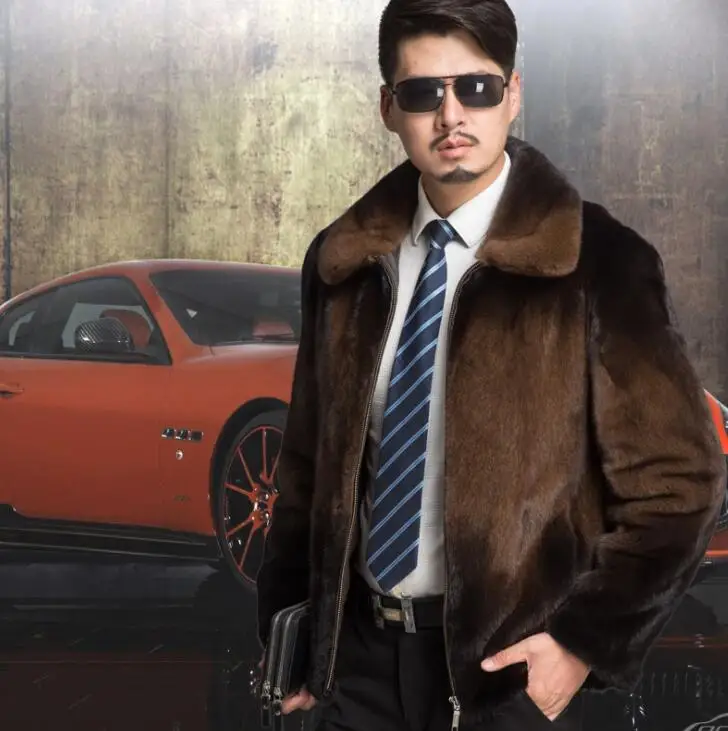 Короткая куртка из искусственной норки мужская коричневая зимняя утепленная