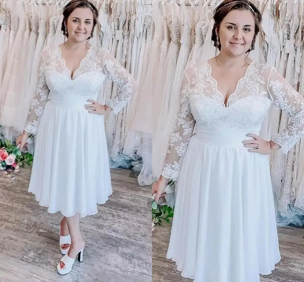 

2021 Boho Short Wedding Dresses Scalloped V Neck Long Sleeves Chiffon Tea Length Custom Made Plus Size Beach Wedding Gown vesti