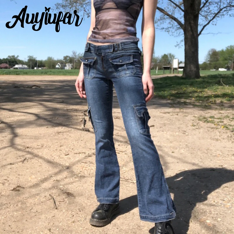 

Женские джинсы с низкой посадкой и карманами Auyiufar Grunge, винтажные джинсовые брюки с вырезами, милые облегающие модные брюки Y2k в эстетике