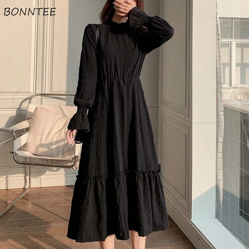 

Dress Womens Autumn Temperament Tender French Abdomen Aesthetic Thicker Solid Feminino Vestidos Stylish Flare Sleeve Leisure