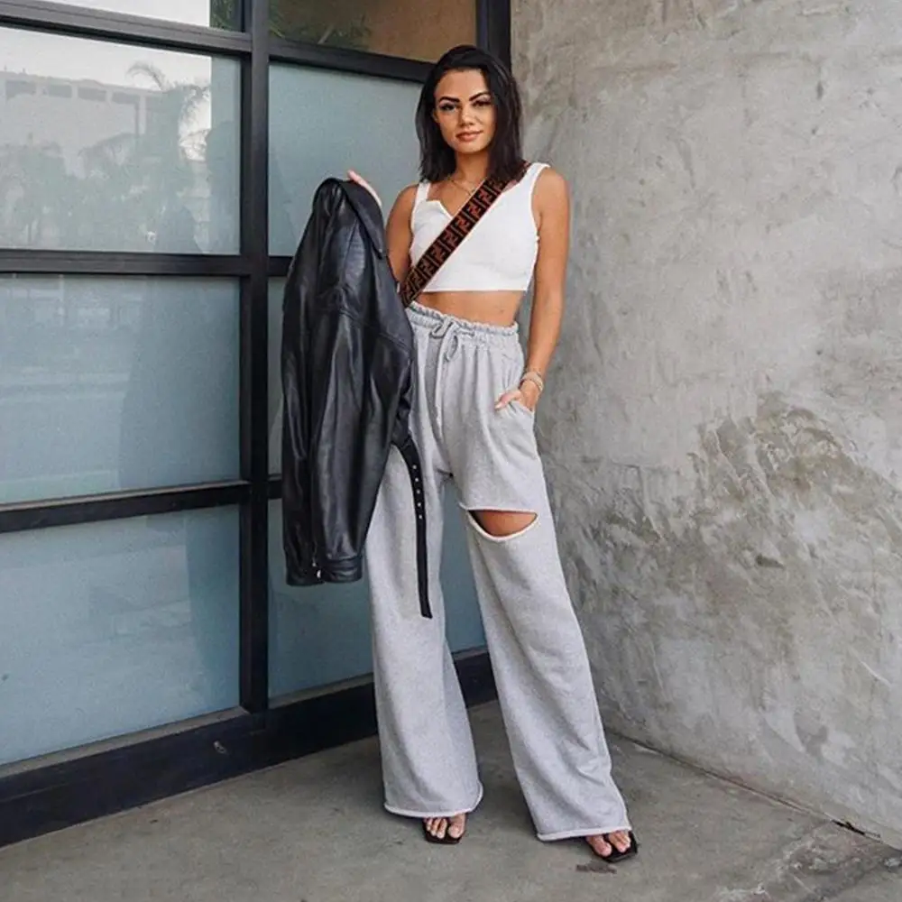 

2020 Summer Newest Fashion Casual Women Pants High Waist Drawstring Pocket Hole Wide Leg Floor Length Pants Suitable Streetwear