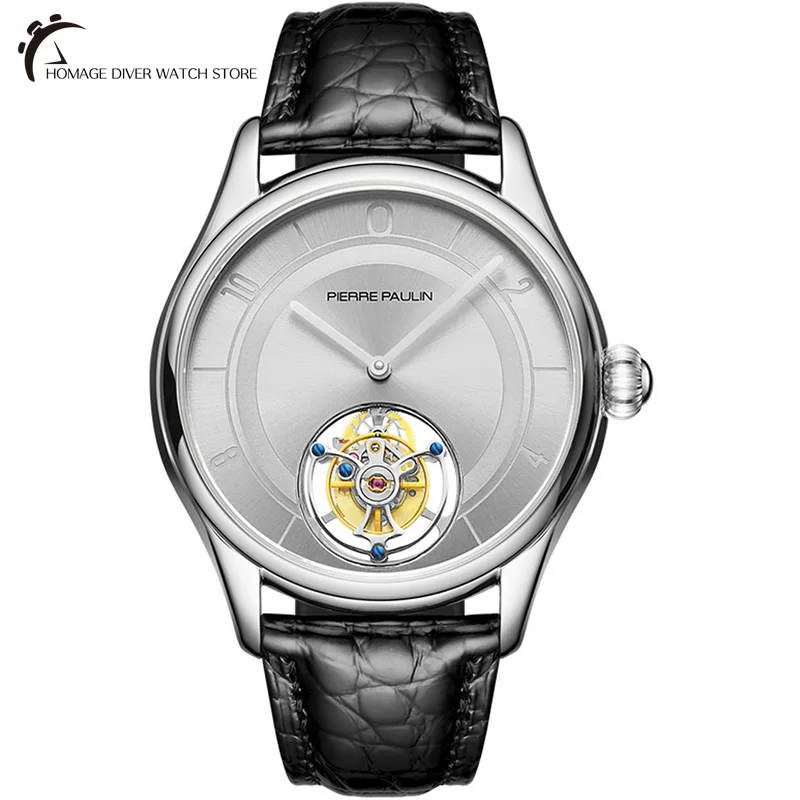 

Мужские Роскошные часы Merkur с турбийоном, серебристый циферблат, сапфировый кристалл, кожаный ремешок, механические наручные часы для мужчи...