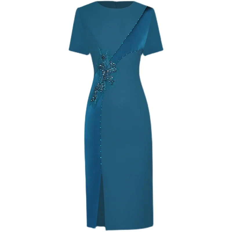 

Женское платье с коротким рукавом, модельное платье с бисером и бриллиантами, лето