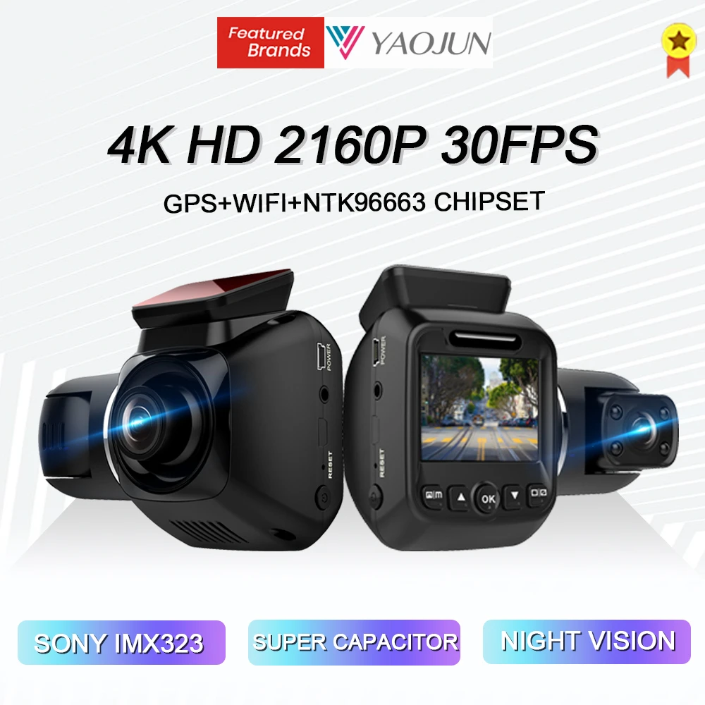 Yaojun 4K Ultra HD WIFI видеорегистратор WiFi GPS 2880*2160P Автомобильный с двумя объективами Novatek