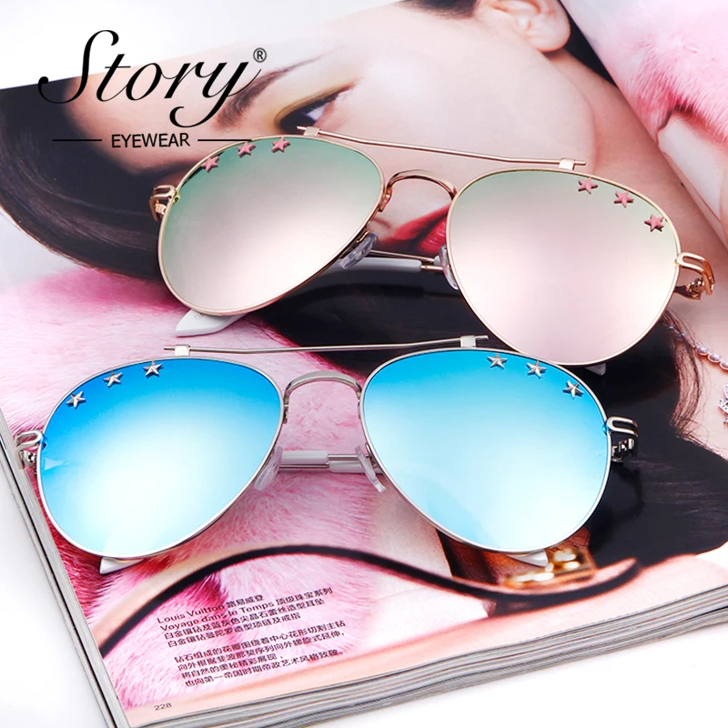 Солнечные очки авиаторы STORY 2018 модные солнцезащитные со звездами женские черные