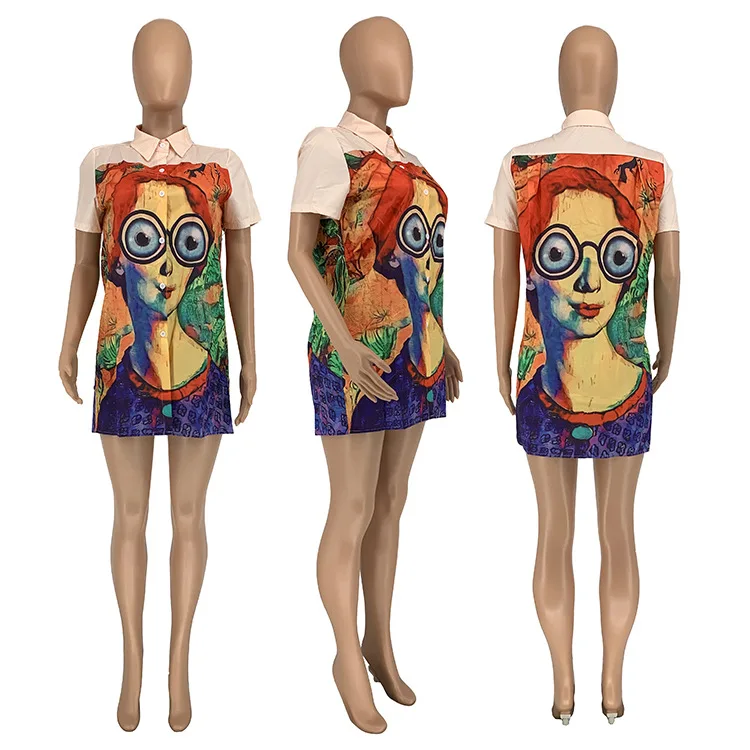 

FNOCE 2021 new spring women's dresses fashion trends casual Character print short sleeve loose sexy mini Shirt skirt