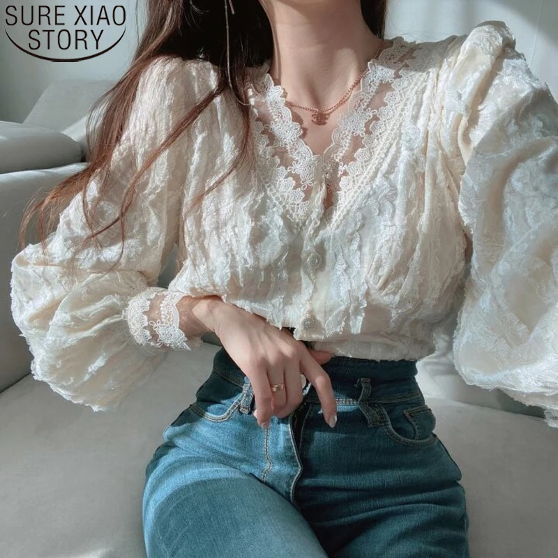 

Spring Long Sleeve Button Up Shirt 20201 New Sweet Women Blouse Korean Chic Lace Shirt Women Tops V-neck Clothes Blusas 13334