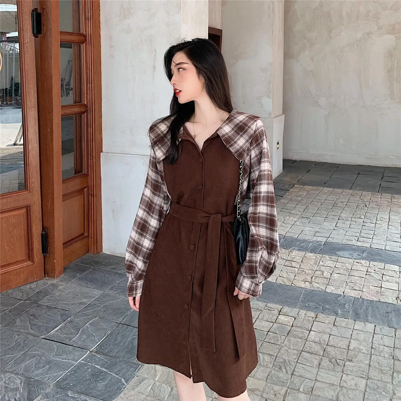 Клетчатые платья лидер продаж женское модное лоскутное винтажное платье рубашка