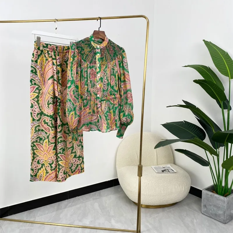 

Womens Vintage Suit Peisley Print Long Sleeve Elegant Linen Blouses And Wide Leg Pants Set Spring New Arrival 2021