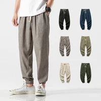 2022 new men cotton linen trousers joggers sports fitness running pants loose solid elastic waist straight casual chinese style