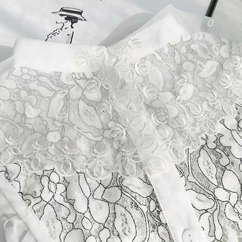 

Women Elegant Decorative Lapel Half Shirt Blouse Hollow Out Jacquard Floral Lace Buttons Detachable False Fake Dickey Collar