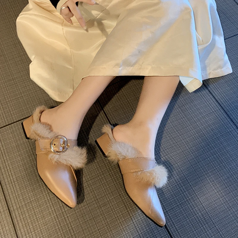 Женские туфли без задника; женские шлепанцы для улицы; шлепанцы на плоской подошве; женские меховые шлепанцы с пряжкой; женская обувь; g763