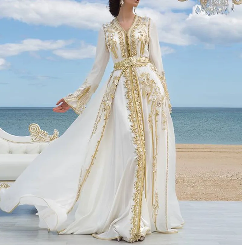 White Chiffon Luxury Evening Dresses Golden Lace Appliques Moroccan Kaftan Dubai Mother Dress Arabic Muslim Special Occasion