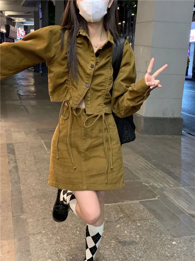 Женская короткая рубашка на шнуровке осенний костюм для стрельбы юбка с высокой