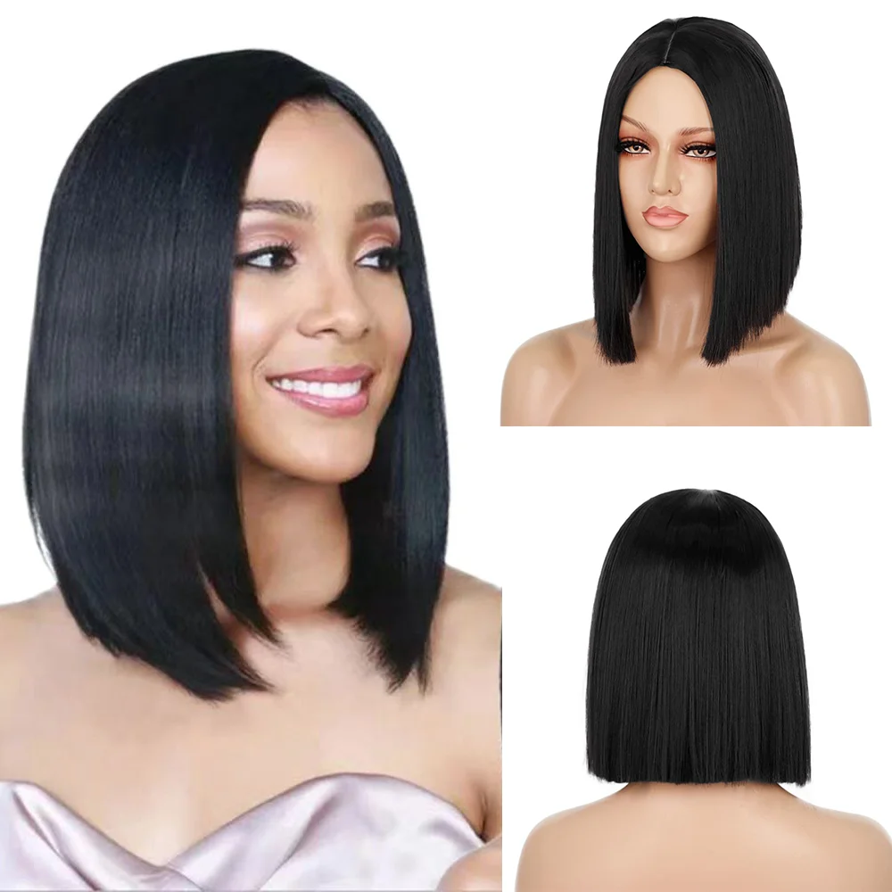FGY WIG Brazil Short Straight Wig Synthetic Middle Split Wig Full Head Black Female High Temperature Resistant Wig