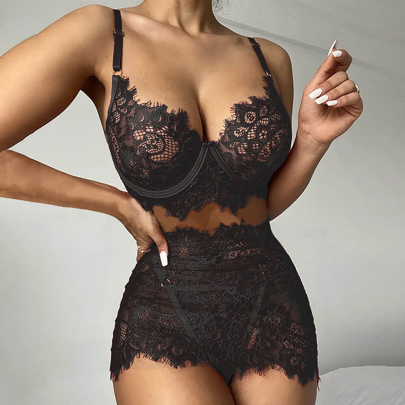 

Women Sexy High Waist Crochet Lace One-Piece Bra Pajamas Set Wireless Wire Free Bowknot Bra Thong Lingerie Underwear S-3XL