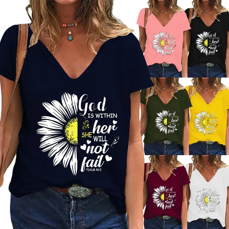 

Женская футболка с коротким рукавом, V-образным вырезом и принтом