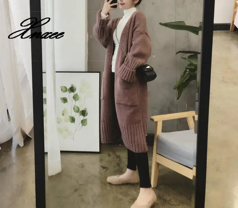 

Winter Long Sleeve Loose Knitted Sweater Coat V-Neck Solid Color Large Size Women Cardigan Casual Elegant Coats With Pocket