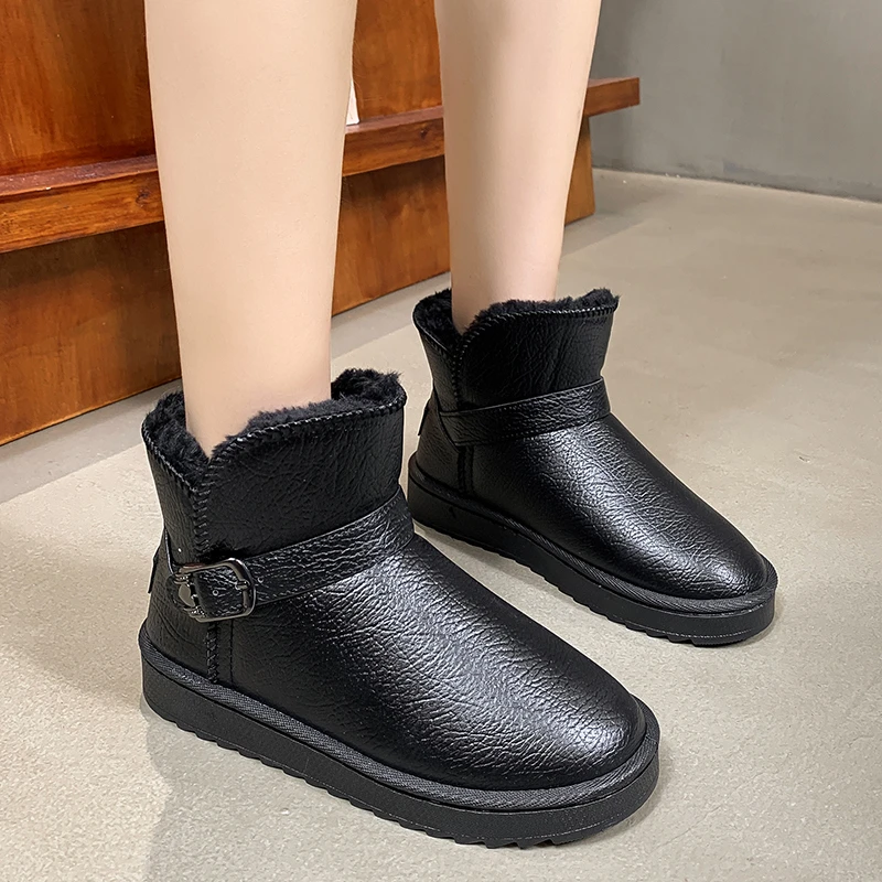 

Thickened Warm Women's Boots 2021 New Winter Plus Velvet PU Waterproof Mid-Tube Snow Boots 36-44 Flat-Heeled Cotton Shoes Mujer