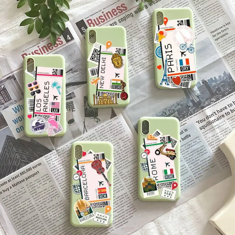 

World City Paris New York Travel Tickets Phone Case For Iphone 7 8 Plus X Xs Max Xr 11 12 13 Mini Pro Max SE2 Candy Color Cover