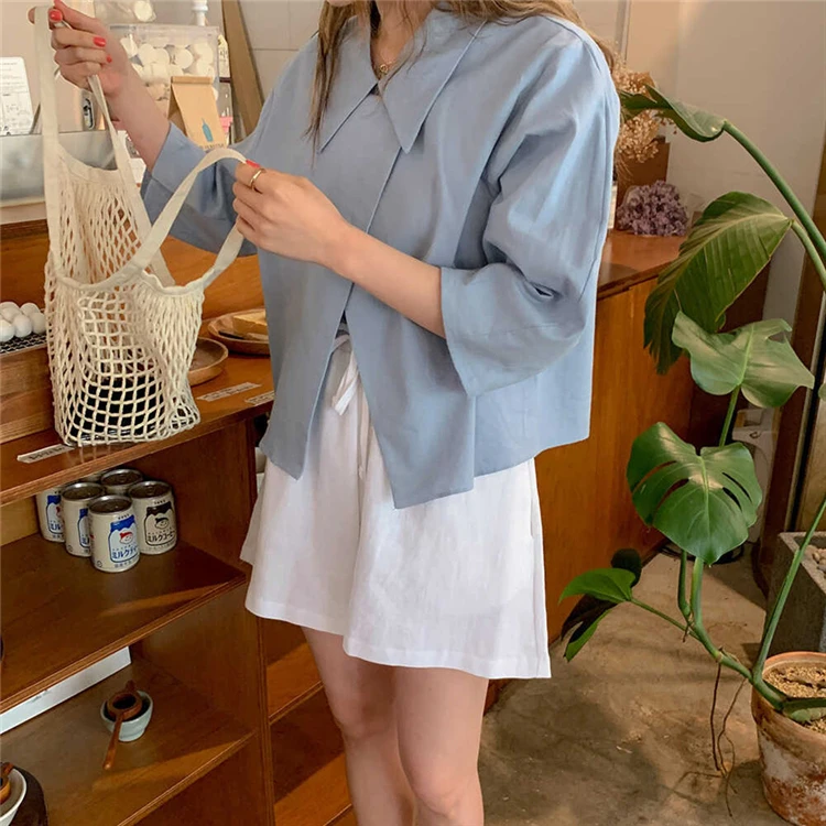 

Женская футболка с рукавом-фонариком и отложным воротником, голубая Повседневная футболка оверсайз с разрезом, лето 2021