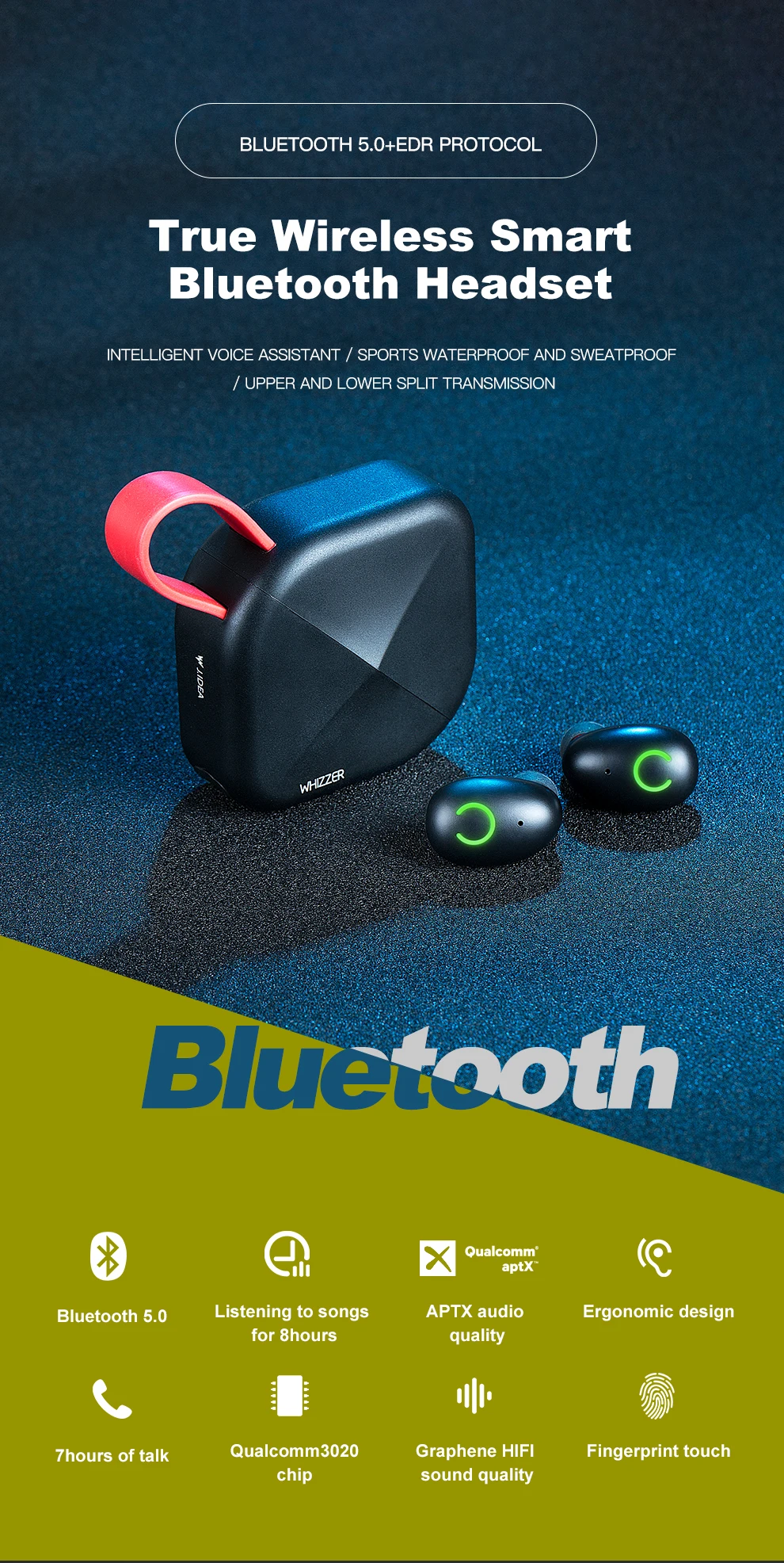 Whizzer B6 беспроводные наушники Bluetooth 5,0 наушники TWS наушники IPX7 водонепроницаемая Поддержка Aptx 45h время воспроизведения для IOS/Android