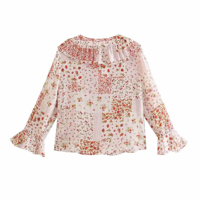 

2021 ZA Summer Women Ruffles Blouse Flare Sleeve V-Neck Female Loose Thin Top Floral Printed Casual Sweet Girls Shirt Blouse