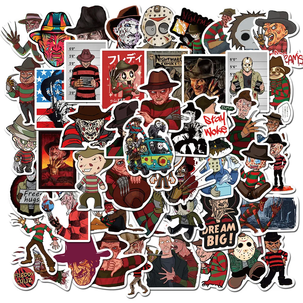 

50Pcs Cartoon Freddy Krueger Graffiti Stickers Motorcycle Backpack Guitar Pvc Waterproof Decals Classic Toy Child Christmas Gift