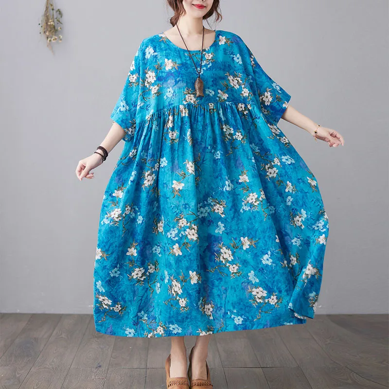 

2021 Summer Plus Size Boho Maxi Dresses For Women Fashion Printed Floral Cotton Linen Dress Female A-Line Beach Sundress Vestido