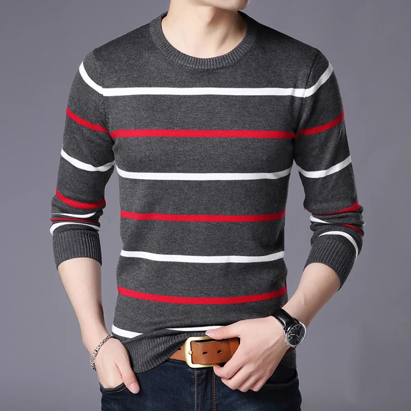 

Вязаный модный качественный полосатый Новый пуловер приталенный брендовый мужской свитер высокого качества осенний корейский шерстяной П...