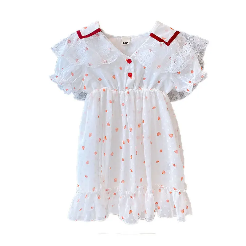 

Summer 2021 New Arrivals Girls Short Sleeve V Neck Print Heart Ruffles Lace Cute Princess Dress 18M-6T