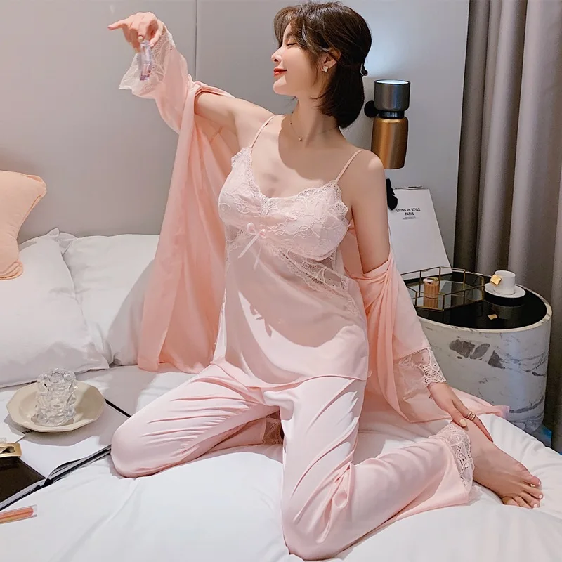 Пижама женская атласная кружевная из 3 предметов | Женская одежда