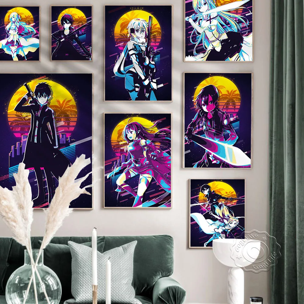 

Japanese Adventure Anime Sword Art Online Vintage Art Poster, Kirito Asuna Canvas Painting Art Prints, Kids Room Decor, Gift