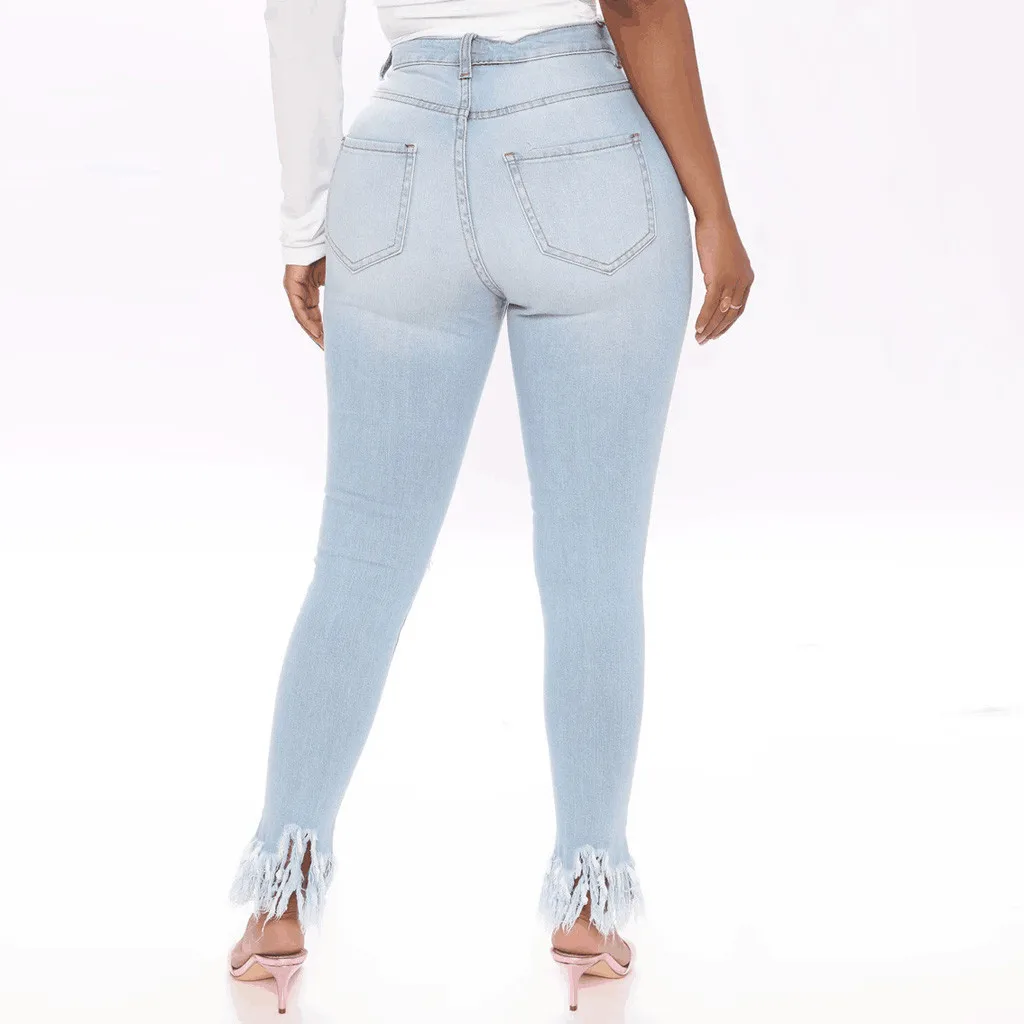 2020 сексуальные рваные джинсы с бахромой для женщин джинсовые брюки карандаш