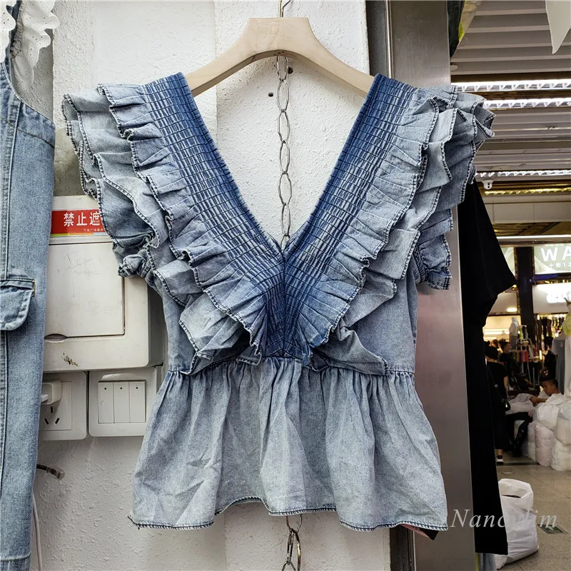 

V-neck Sleeveless Ruffled Short Denim Shirt Woman New Waist-Controlled Lady All-Mathc Blusas 2021 Summer Thin Tops Nancylim