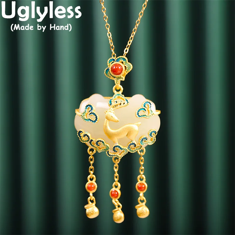 

Uglyless Oriental Charming Deer Necklaces for Women Ethnic Tassels Pendants Hotan Natural Jade Jewelry 925 Silver Bijoux + Chain