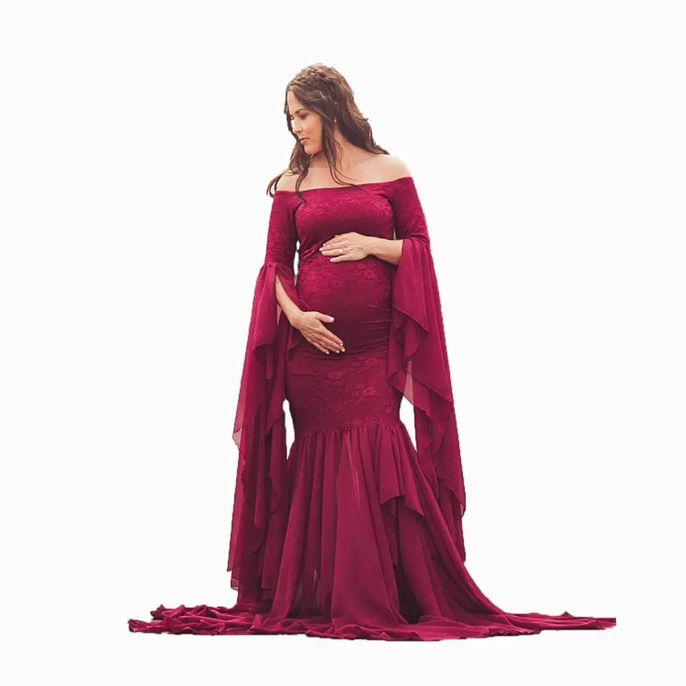 

Lace Splicing Dress Maternity Photography Props Elegant Maxi Gown Shoulderless Maternity Dresses Shooting Pregnancy Dress