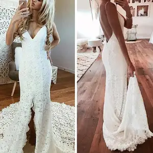 2020 Sexy Spaghetti Wedding Dresses with Hollow Sweep Train Front Split Mermaid Wedding Dress Chic Backless Beach Wedding Dress