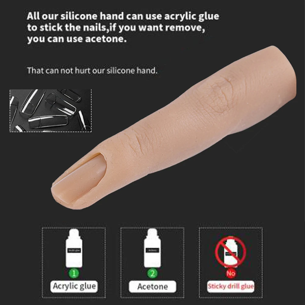 

1pc Silicone Nail Art Training Hand Fake Finger Natural Nail Tips Manicure Tool Nail Practice Model Display Finger Bendable