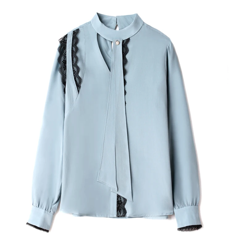 

100% Silk Women's Shirt O Neck Bow Detailing Long Sleeves Lace Patchwork Fashion Blouse Tops